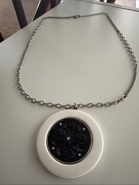 Silver Chain Necklace with White and Black Round Pendant